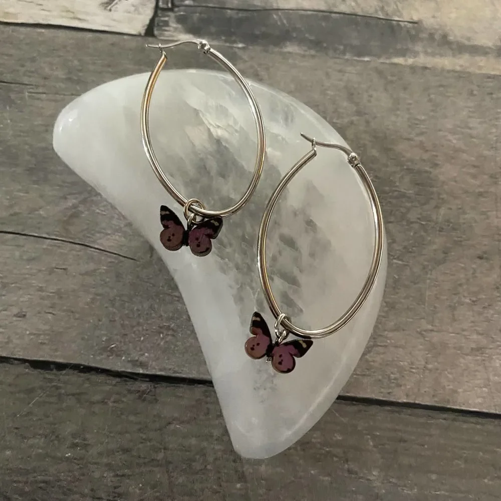 Stainless Steel Wooden Butterfly Hoop Earrings